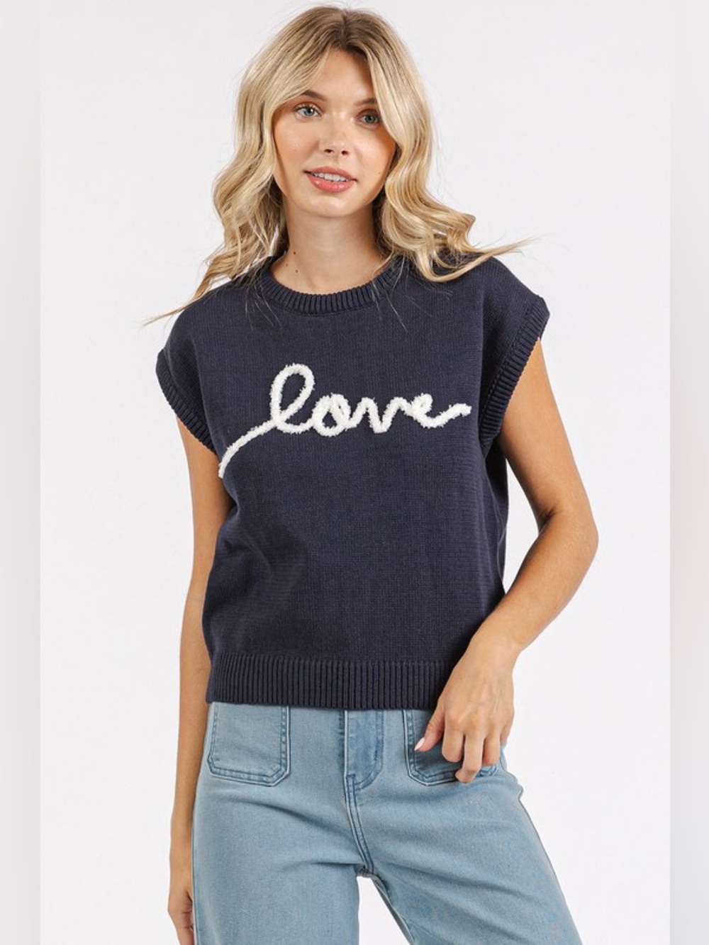 Mittoshop Contrast Letter Round Neck Cap Sleeve Knit Top